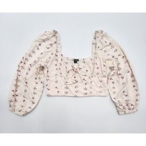 Wild Fable Womens Cropped Puff Sleeve White Floral Top Prairie Y2K M